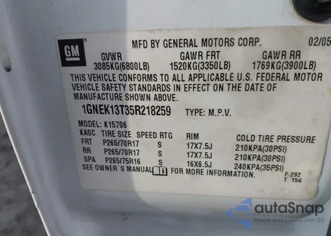 2005 Chevrolet Tahoe Z71 z USA, uszkodzony, nr VIN 1GNEK13T35R218259